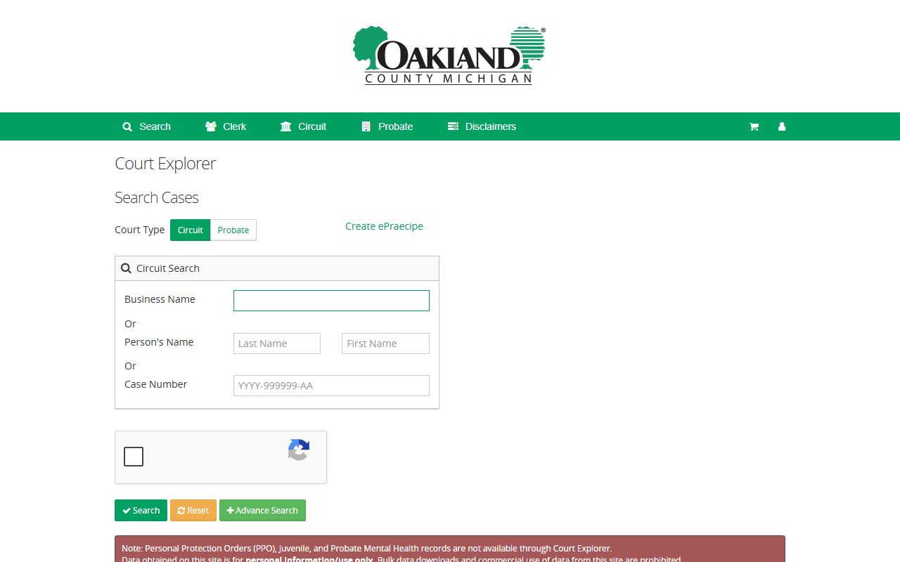 Oakland County Court Explorer court records search portal