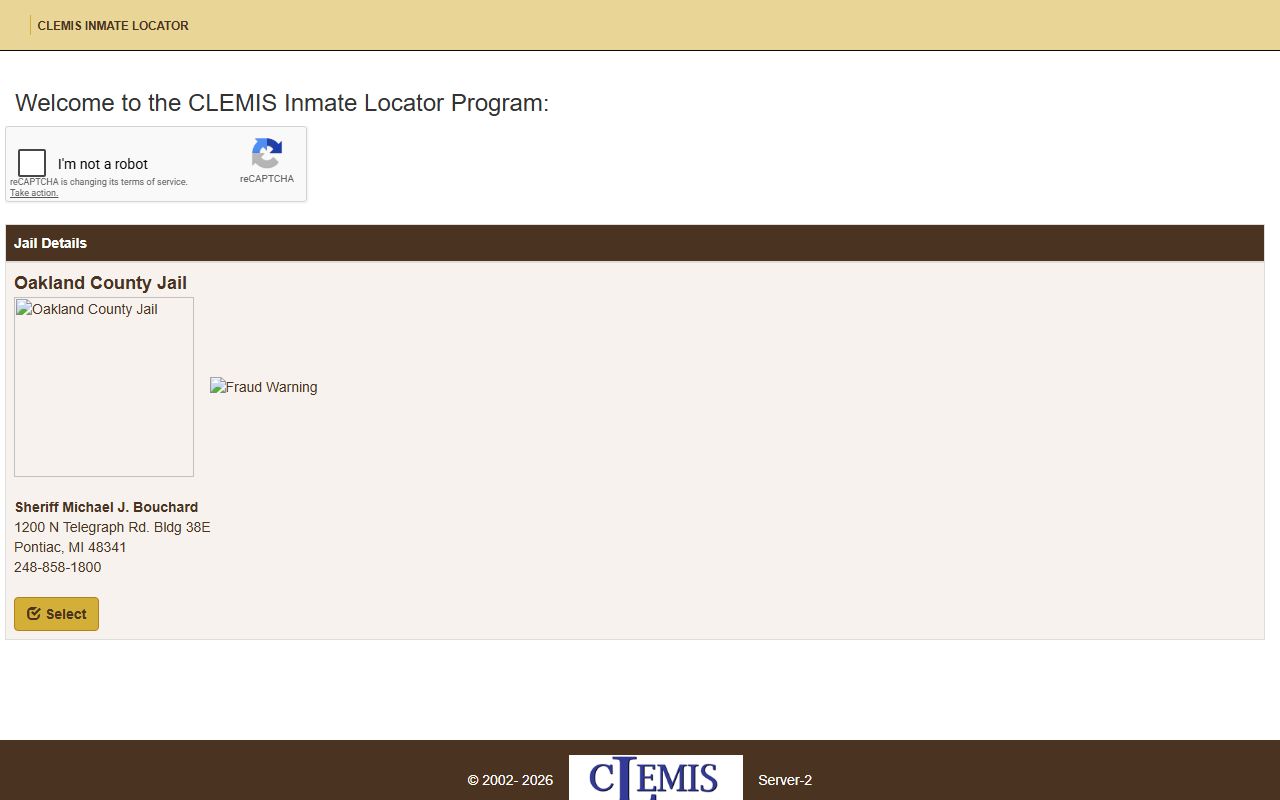 Oakland County Jail inmate lookup selection screen in CLEMIS